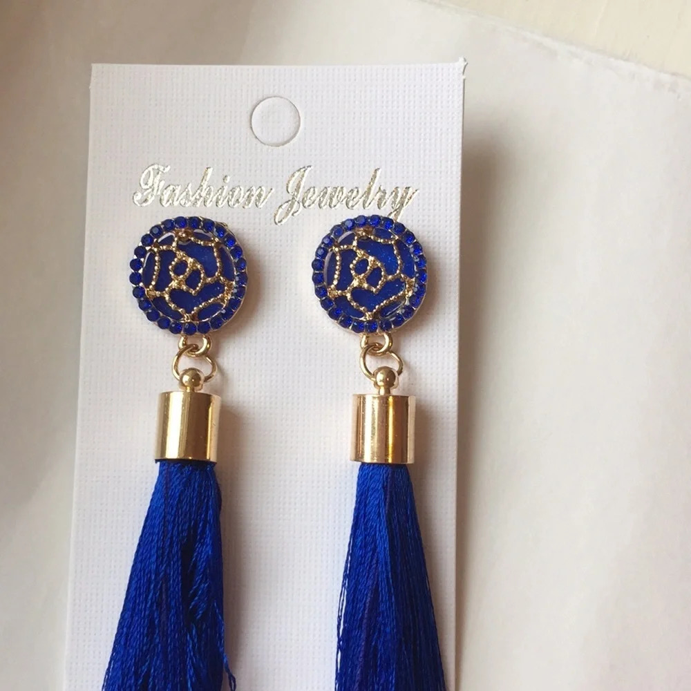 Boho Sapphire Blue Tassel Earrings Lightweight Statement Dangle Jewelry NEW